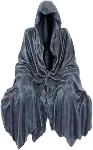 Grim Reaper Sitting Statue Gothic Scary Art Decor, Black Horror Robe Halloween Resin Death Reaper Sculpture, Mystery Man Novelty Creeper Home Decor Accent, Yard Garden Lawn Decoration in Saudi Arabia