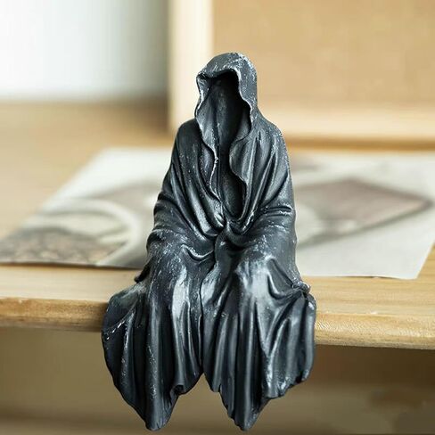 Grim Reaper Sitting Statue Gothic Scary Art Decor, Black Horror Robe Halloween Resin Death Reaper Sculpture, Mystery Man Novelty Creeper Home Decor Accent, Yard Garden Lawn Decoration in Saudi Arabia