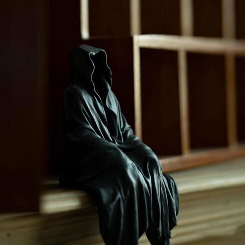 Grim Reaper Sitting Statue Gothic Scary Art Decor, Black Horror Robe Halloween Resin Death Reaper Sculpture, Mystery Man Novelty Creeper Home Decor Accent, Yard Garden Lawn Decoration in Saudi Arabia