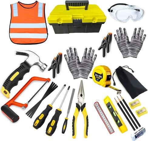 Kids Real Tool Set - 20Pcs Construction Tool with Blue Toolbox and Protective Clothing, Woodworking Tool Set for Beginner, Educational Gift in Saudi Arabia