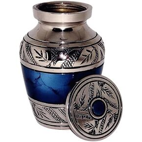 Classic Small Mini Cremation Keepsake Urn for Human Ashes – with Box and Velvet Box - 2.6 inch - Blue Fire Design - Made of Brass