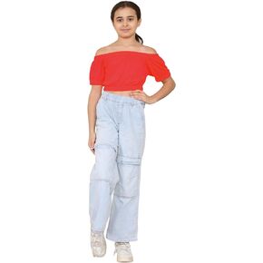 Loxdonz Girls Short Sleeve Crop Top Kids Off Shoulder Top T-Shirt Tee Tops