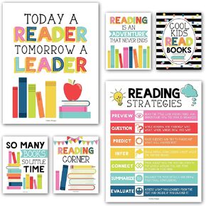 Hadley Designs 6 Motivational Reading Strategies Posters – Classroom and Library Decorations for Elementary School, Reading Corner and Literacy Wall Art – Colorful Classroom Decor