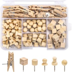 102 Pcs Wood Push Pins 6 Sizes Thumb Tacks for Wall Hangings Corkboard Office or Home