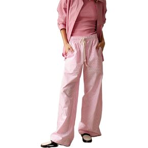 Women Y2k Striped Print Pants Casual Loose Fit High Waist Wide Leg Drawstring Pop Pants Vintage Streetwear Lounge Pants