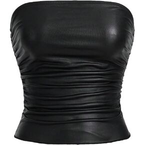 MakeMeChic Women's Casual PU Leather Strapless Bandeau Summer Shirts Ruched Sleeveless Slim Fit Tube Cami Tops