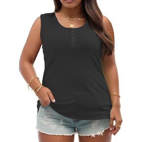 VISLILY Womens-Plus-Size-Summer-Tank-Tops Henley Scoop Neck Camisole Ribbed Sleeveless T Shirts Buttons Up Tunics Tee XL-5XL