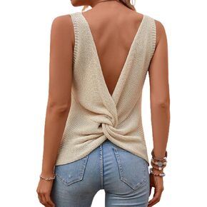 Verdusa Women's Casual Twist Back Sleeveless V Neck Tank Knit Top Vest