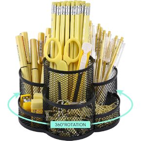 Mesh Rotating Pen Holder for Desk, Black Metal Desk Organizers and Accessories, Desktop Organizer for Office, 7 Compartments Large Capacity Organizer