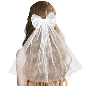 Bridal Pearl Bow Veil, Large Wedding Bow Hair Clip Short White Veil Barrette for Bride Accessories for Bachelorette Party Bridesmaid Gift for Girls Women