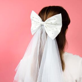 Talking Tables 'Bride to Be' White Pearl Wedding Veil for Hen Party Accessories, Engagement, Bridal Shower | Elegant Hair Bow for Women 40cm