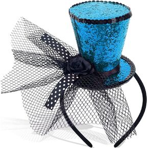 Blue Glitter Mini Top Hat on Headband with Veil for Women Gril EDM Music Festival Halloween Christmas New Year Eve Party Headwear