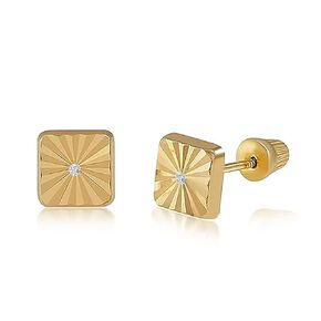 14K Real Yellow Gold Diamond Cut Stud Earrings for Women & Girls - Hypoallergenic for Sensitive Ears for mother's Day Gifts (Square Diamond Cut)