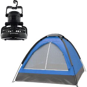 2 Person Tent – Camping Gear Set with Outdoor Dome Tent and Hanging LED Lantern Fan for Backpacking, Hiking, or Backyard by Wakeman Outdoors (Blue)