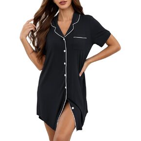 Nightgowns for Women V Neck Short Sleeve Sleepwear Button Down Pajama Dress