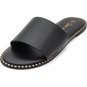 Shoe Land Carlena Womens Flat Sandals Fashion Slides Black White Tan Clear Flat Sandals Open Toe Single Band Dressy Sandal Comfortable Slip on Slippers for Summer