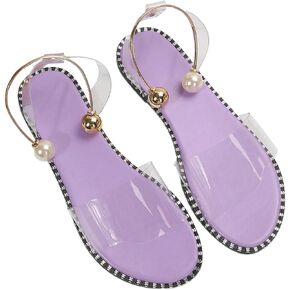 OYOANGLE Women's Pearl Decor Clear Straps Open Toe Flat Sandals Leather Outdoor Beach Sandals