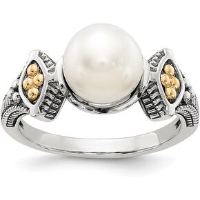Solid 925 Sterling Silver 14k Yellow Gold 8-8.5mm Freshwater Cultured Pearl Ring Band