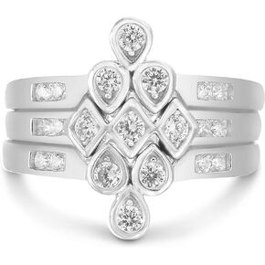 Sterling Silver V Shaped Round Trio Ring Stack with Cubic Zirconia Chevron Three Piece Dainty Puzzle Stacking Rings