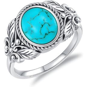 9x7MM Genuine Turquoise Stone Oval Rings, Sterling Silver Nature Native American Western Jewelry Gemstone Ring for Women