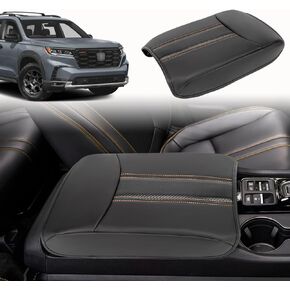 Armrest Cover Compatible with Honda Pilot 2023 2024 2025, 2024 Ridgeline/Passport——Black Leather Center Console Arm Rest Lid Pad Protector Interior Accessories (Orange Stitches)
