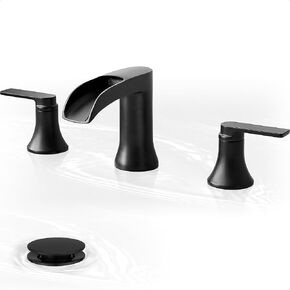 Black and Gold Bathroom Faucet Widespread, Brass Waterfall Faucet for Bathroom Sink 3 Hole, 8-16 Inch Bathroom Faucets, 2 Handle Bathroom Sink Faucet with Pop-Up Drain for Laundry Farmhouse