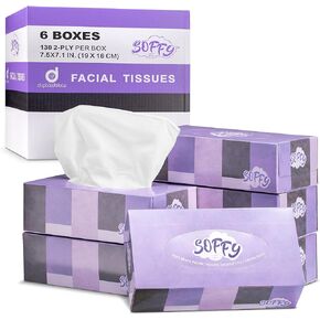 Facial Tissue Paper, 2 Ply White Tissue Paper Bulk - 130 Tissues Per Box, Car and Travel Tissue Packs - Face Tissue 7.5" x 7.1", Pack of 6 Tissue Box