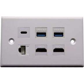 MOTONG 2 Ports HDMI 2.0 Wall Power Outlet Plug, Dual USB A 3.0 Ports + Dual HDMI Ports + USB Type C Port + Cat6 Ethernet Decorative Wall Plate Outlet Plug