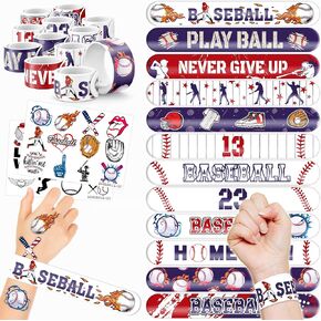 48PCS Baseball Party Favors 24PCS Tattoos 24PCS Slap Bracelets Wristbands Themed Birthdays Party Supplies Decorations Decor Sport Game Player Summer Olympic Pattern Boy Gifts School Classroom Prize