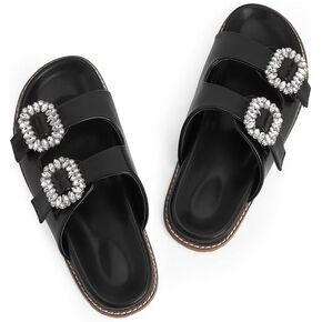 Slide Sandals for Women Rhinestone Flat Platform Sandals Soft Footbed Comfortable Walking Girls Ladies Summer Sandals