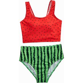 WDIRARA Girl's 2 Piece Set Fruits Printed Swimsuit Sleeveless Scoop Neck Swimwear