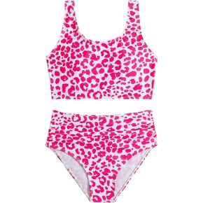SweatyRocks Girl's 2 Piece Bikini Set Ruched Leopard Print Scoop Neck Bathing Suit