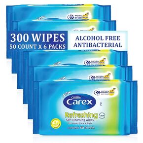 Carex Alcohol Free Soft Cleansing Cloths for Hands Face & Body Refreshing Formula Resealable 50 Count Pack of 6 = 300 Count