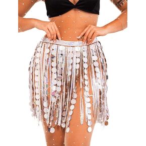 BODIY Silver Dot Sequins Skirt Belly Dance Skirts Sparkly Fringe Wrap Skirts for Women