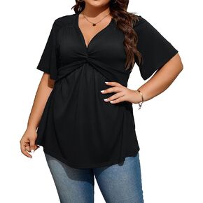 Womens Plus Size Tunic Tops V Neck Twist Knot Flowy Floral Print Blouse Short Sleeve Shirts (1X-5X)
