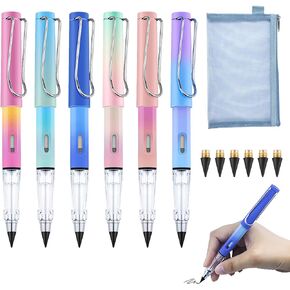 6 PCS Infinity Pencil with Pencil Case and Eraser, Infinity Eternal Pencils, Everlasting Pencils with 6 Replaceable Nibs for Students, Artists, Office, School Supplies