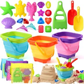 hatisan 35pcs Beach Toys for Kids Sand Toys Set includes Collapsible Sand Bucket Shovel and Gem with Underwater Treasure Pirate Chest Box for Summer Beach, Sandbox Toys with Waterproof Mesh Bag
