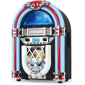 Victrola Nostalgic Wood Countertop Jukebox with Built-in Bluetooth Speaker, 50's Retro Vibe, 5 Bright Color-Changing LED Tubes, FM Radio, Wireless Music Streaming, AM/FM Radio, Aux Input