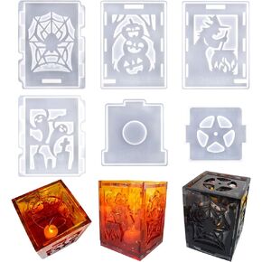 Halloween Lantern Resin Mold,6Pcs Silicone Resin Molds Including Pumpkin Head,Witch,Spider,Ghost Shape,Base Molds for Epoxy Resin with Candles Grooves,DIY Craft Making,Home Table Decoration