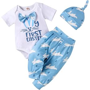 Baby Boy Easter Outfits Newborn Clothes Infant 3 Piece My First Easter Romper Short Sleeve + Pants + Hat