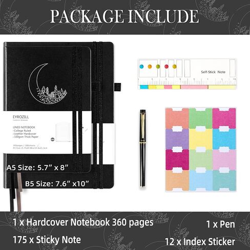 B5 Lined Notebook Journal with Pen, 360 Pages, Black Journal for Men Women, 100 GSM Thick Paper, Hardcover Notebooks for Work Writing (7.6" X 10" Black Moon) in Kuwait