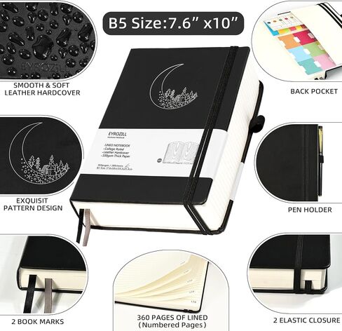 B5 Lined Notebook Journal with Pen, 360 Pages, Black Journal for Men Women, 100 GSM Thick Paper, Hardcover Notebooks for Work Writing (7.6" X 10" Black Moon) in Saudi Arabia