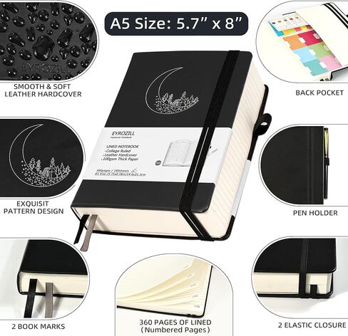 B5 Lined Notebook Journal with Pen, 360 Pages, Black Journal for Men Women, 100 GSM Thick Paper, Hardcover Notebooks for Work Writing (7.6" X 10" Black Moon) in Kuwait