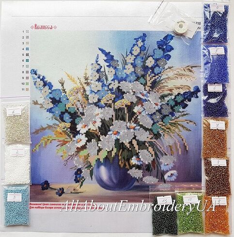 AllAboutEmbroideryUA طقم تطريز بالخرز باقة من البابونج مطرز بالغرز المتقاطعة منظر طبيعي مجموعة تطريز يدوية in Kuwait