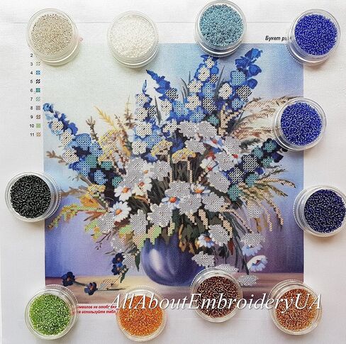 AllAboutEmbroideryUA طقم تطريز بالخرز باقة من البابونج مطرز بالغرز المتقاطعة منظر طبيعي مجموعة تطريز يدوية in Kuwait