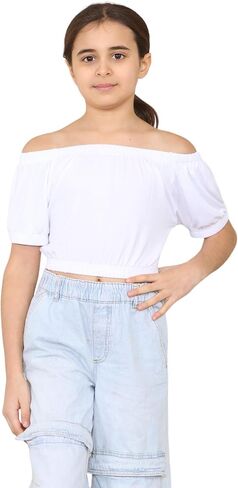 Loxdonz Girls Short Sleeve Crop Top Kids Off Shoulder Top T-Shirt Tee Tops in Saudi Arabia