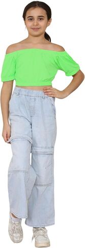 Loxdonz Girls Short Sleeve Crop Top Kids Off Shoulder Top T-Shirt Tee Tops in Saudi Arabia