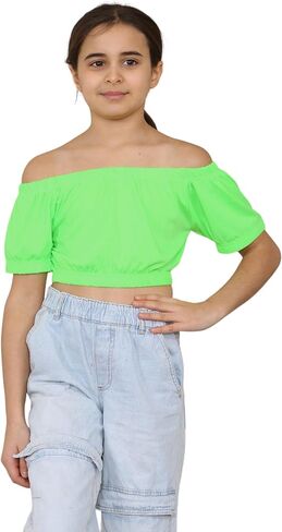 Loxdonz Girls Short Sleeve Crop Top Kids Off Shoulder Top T-Shirt Tee Tops in Saudi Arabia