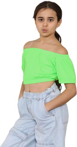Loxdonz Girls Short Sleeve Crop Top Kids Off Shoulder Top T-Shirt Tee Tops in Saudi Arabia