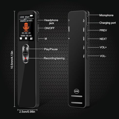 مسجل صوت رقمي، مسجل نشط 64 جيجا مع تشغيل 3072 كيلو بايت في الثانية، تقليل الضوضاء وحماية كلمة المرور للمحاضرات والاجتماعات والفصول الدراسية in Kuwait